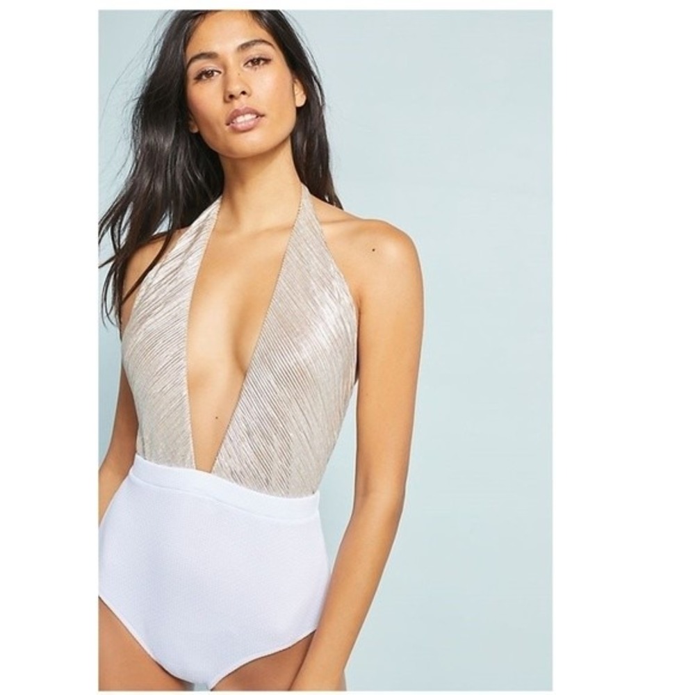 NWT Anthropologie Allihop Metallic One-Piece Swimsuit Gold White Textured Plunge